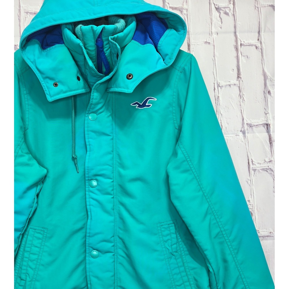 Y2K Hollister All-Weather Jacket Teal Green Hooded Full Zip Button Coat Womens M